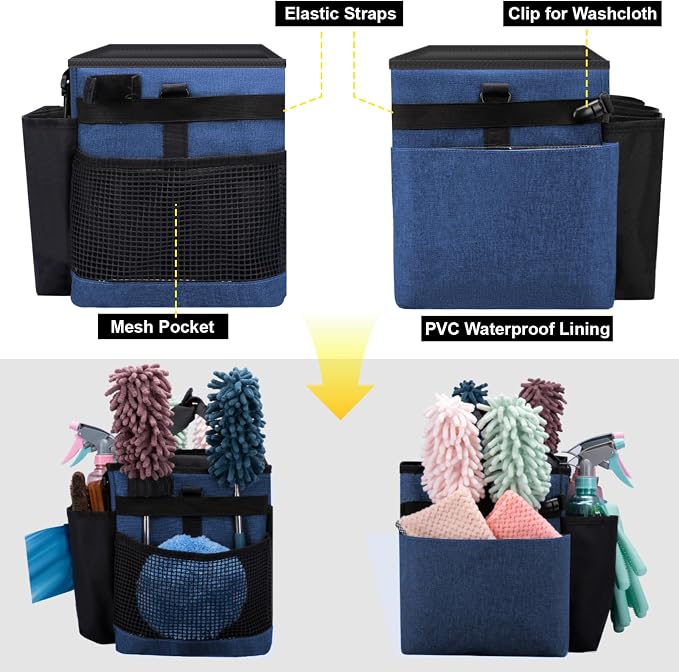 Wearable Large Cleaning Caddy Bag for Housekeeper, Clean Supply Organizer with Adjustable Shoulder, Waist & Handle Straps, Detailing Bag for Kitchen Supplies (Blue)