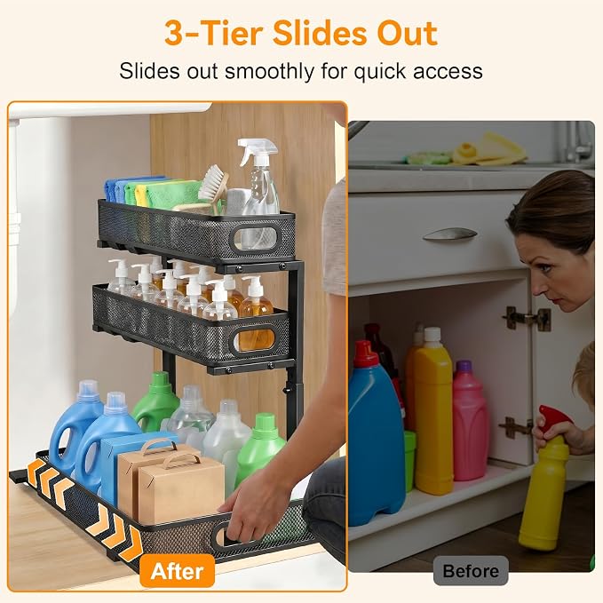 Under Sink Organizer for Bathroom, 3 Tier Adjustable Height Under Sink Storage, Sliding Pull Out Cabinet Organizer Shelf, Metal Multi-Purpose Cabinet Organizer for Kitchen (2 Pack, Black)