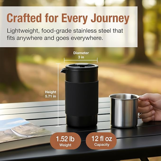 Travel French Press Coffee Maker Set - 12 oz | Portable Travel French Press Coffee Maker | Double Wall Insulated with Dual Stainless Filters & 2 Steel Canisters for Grounds, Tea, Creamer & Sugar