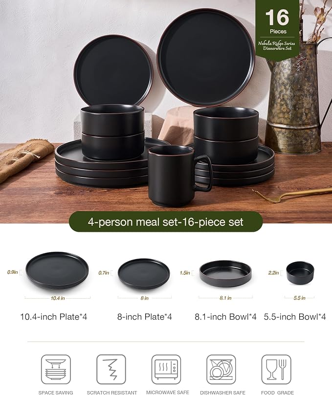 Famiware Nebula Ridge Stoneware Dinnerware Sets with Pasta Bowls, Plates and Bowls Sets, Service for 4 (16 Pieces), Microwave and Dishwasher Safe Kitchen Plates, Matte Black