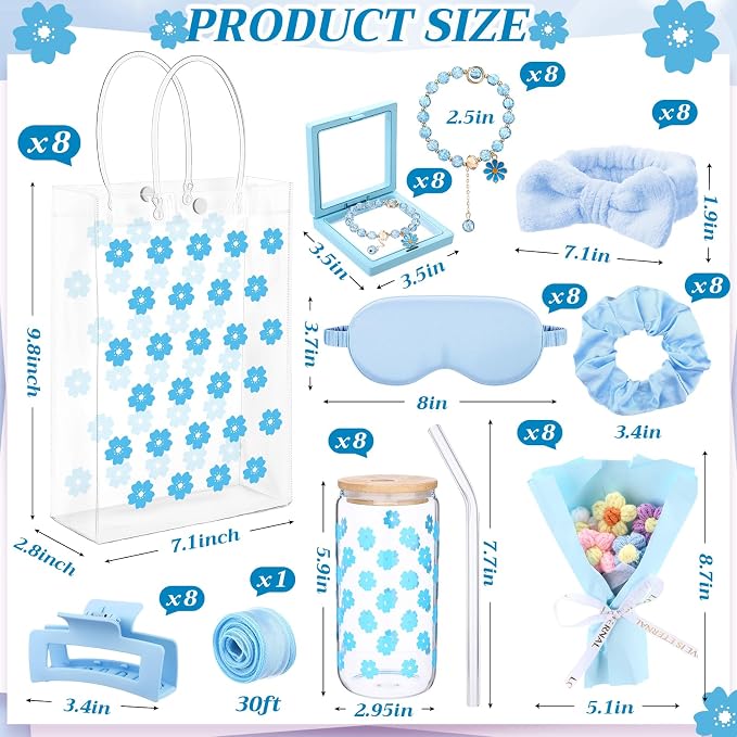 Vesici 73 Pcs Spa Sleepover Party Supplies Bulk Women 8 Sets Slumber Birthday Bridesmaid Gift Crochet Flower Glass Cup Eye Mask Hair Ties Gift Bag Bracelets Scrunchies Headband(Cherry Blossoms,Blue)