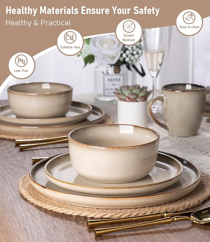GBHOME Dinnerware Sets for 4, 12 Pieces Stoneware Plates and Bowls Sets, Scratch Resistant Ceramic Dishes, Dishwasher & Microwave Safe, Reactive Glaze-Almond Cream