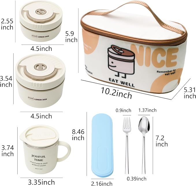 Insulated Lunch Box Set, 4-Piece Stainless Steel Bento Box with Lunch Bag, Coffee Mug, Fork & Spoon, Leakproof Stackable Thermal Lunch Containers, Reusable Food Storage for Home, Office, Outdoor