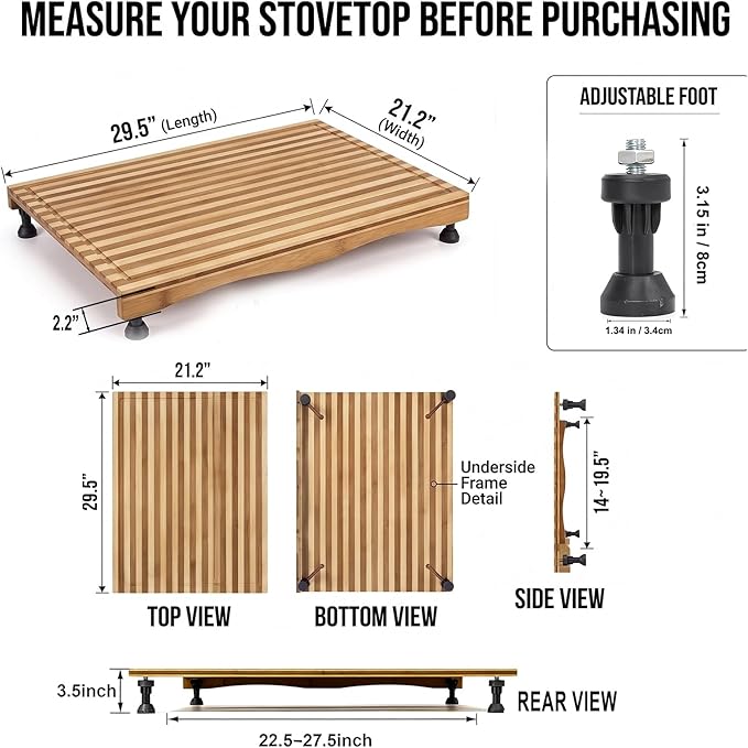 Bamboo Stovetop Cover & Countertop Cutting Board with Adjustable Legs, 29.5" x 21.2" Dual-Purpose Wood Chopping Block for Gas & Electric Burners, Extra Counter Space Saver for RV & Kitchen