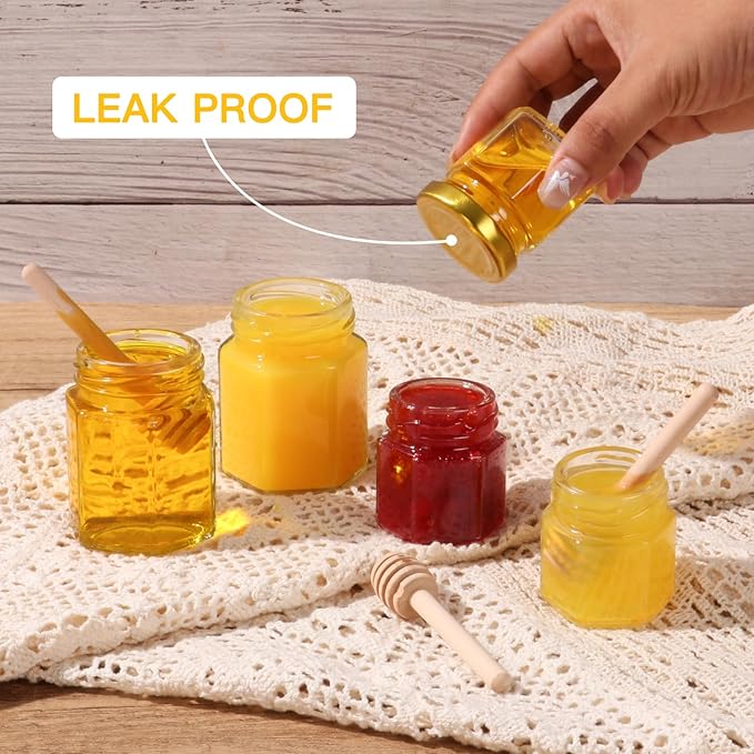 1.5 oz Mini Glass Honey Jars | 48-Pack Honey Jars with Wood Dippers, Gold Lids, Gift Bags, Bee Charms, Labels, Tags, Twine | Perfect for Baby Shower Party Favors, Wedding Favors, Bridal Showers