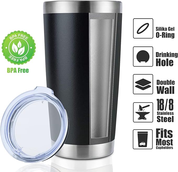 DOMICARE 20oz Stainless Steel Tumbler Bulk with Lid, Double Wall Vacuum Insulated Travel Mug, Powder Coated Coffee Cup, Powder Black, 4 Pack