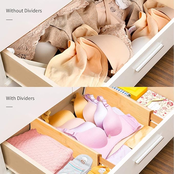 Utoplike 4 pcs Bamboo Kitchen Drawer Dividers(16.8-21.8IN) and Bamboo Cutlery Tray Silverware, Drawer Dividers for Kitchen Utensils
