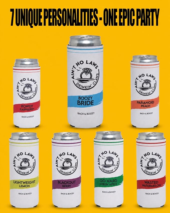 Funky Junque Bachelorette Party Favors Slim Can Cooler, Funny Bridesmaid & Bride Gifts for Girls Trip, Bridal Shower Decorations & Accessories, 12 oz Skinny Can Covers - Ain't No Laws - 7 Pack