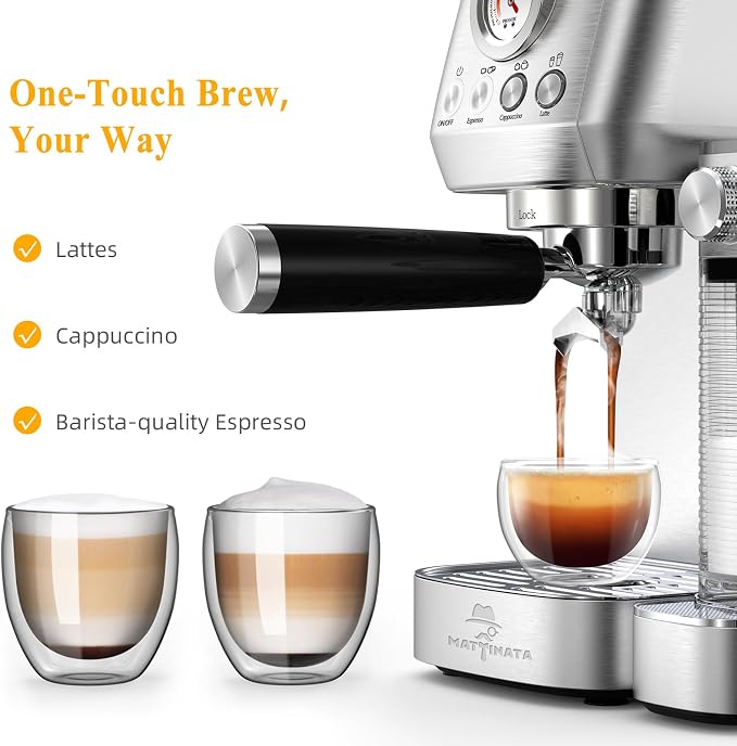 MAttinata Cappuccino Machine, Espresso Machine with Automatic Milk Frother | Compact Coffee Maker, 20 Bar Italian Pump, Pressure Gauge, Adjust Hot Milk Foam, Latte Art, Small for Home, Stainless Steel