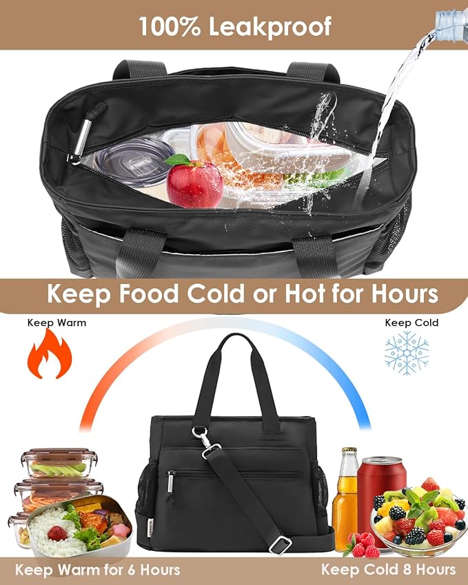 GLENKEY Insulated Lunch Box Lunch Bag Tote - Large Leakproof Cooler Bags for Women - Soft Lunchbox for Adults Work Shift Picnic Travel Black 10L