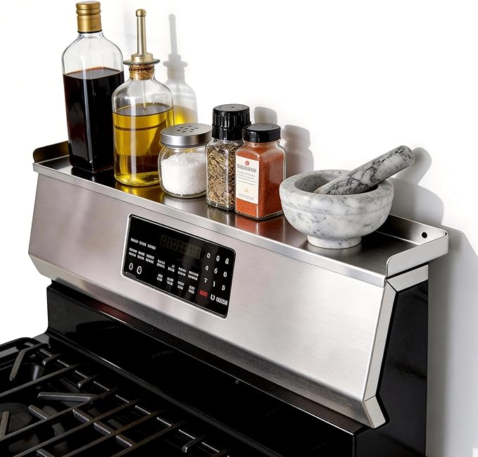 30" Stainless Steel Stove Top Shelf - Dual Mount (Screw & Adhesive) - No Slide/No Spill, Side Guards, Spice Rack & Over The Stove Organizer, StoveShelf (Stay Secure)
