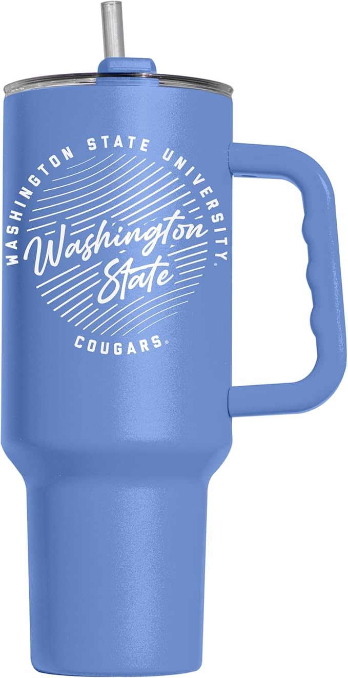 Logo Brands NCAA Washington State Cougars Retro Script Arctic 40 oz Tumbler with Handle - Stylish Everyday Use Powder Coated-Stainless Steel with Straw- Keeps Cold For Hours