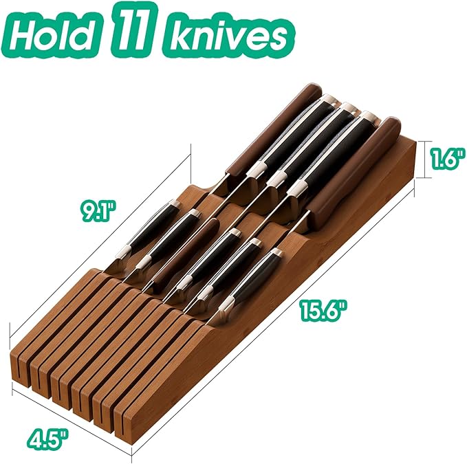 Knife Drawer Organizer, Bamboo Wood Knife Organizer Drawer Insert, Brown Knife Block Fit for 11 Knives