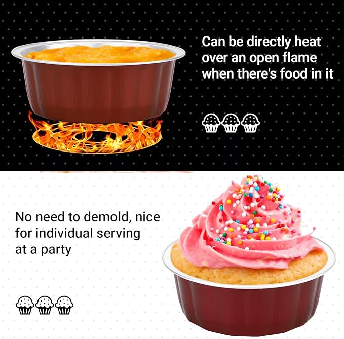 Beasea Aluminum Baking Cups, 100 Pack 8oz 235ml 3.9 Inch Wine Red Round Disposable Ramekins No Lids Foil Cups Cupcake Mini Baking Tins for Social Events Celebrations
