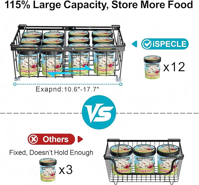 iSPECLE 2 Pack Freezer Organizer Bins - Fit 10 to 20 Cu.Ft Deep Freezer, Expandable Wire Storage Chest Freezer Baskets for Frozen Food, Stackable with Handles, Black