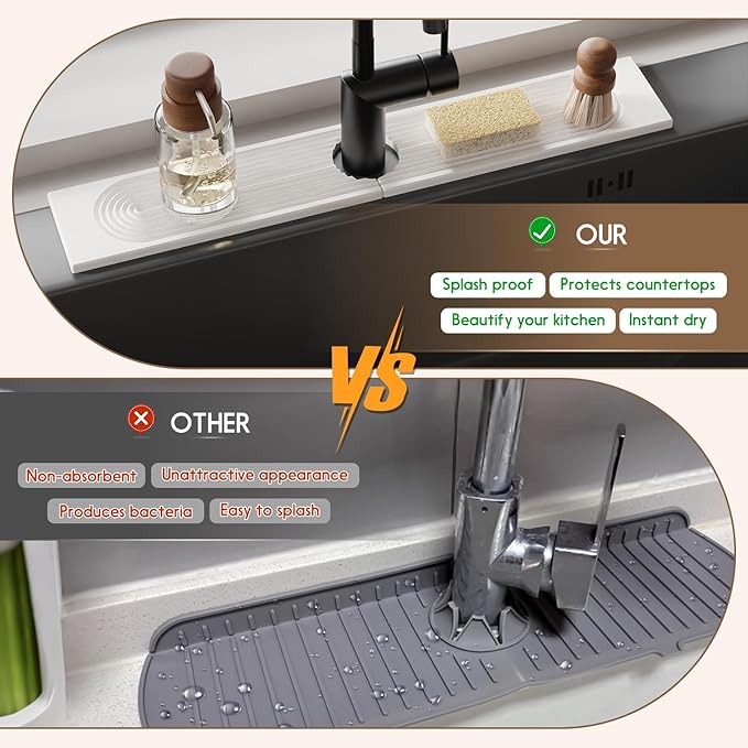 Faucet Mat for Kitchen Sink, Diatomite Quick Drying Tray , 23.6Inch Kitchen Sink Splash Guard and Bathroom Stone Tray for Counter. Super Absorben.White.