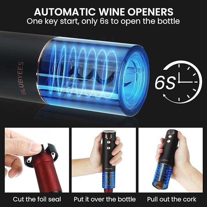 BLUBYEES 4-in-1 Rechargeable Electric Wine Opener Set - Automatic Corkscrew, Foil Cutter, Aerator Pourer, Vacuum Stopper - Wine Lovers Gifts for Women and Men