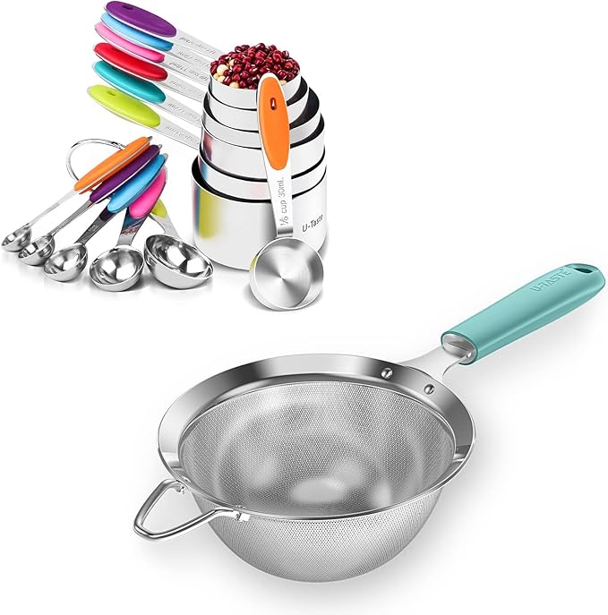 U-Taste 12 Piece Measuring Cups and Spoons Set in 18/8 Stainless Steel (Multicolors), and 18/8 Stainless Steel 5.5 inch 30 Mesh Strainer (Aqua Sky)