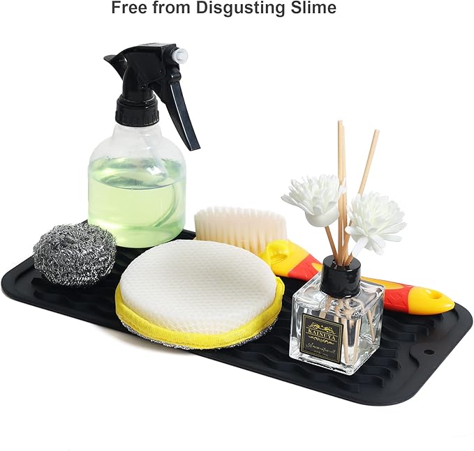 ZLR Silicone Sponge Holder & Sink Caddy Tray (6" x 12") - Narrow Dish Drying Mat for Kitchen Counter - Waterproof Soap Dispenser Organizer, Non-Slip Bathroom Vanity Tray (Black)