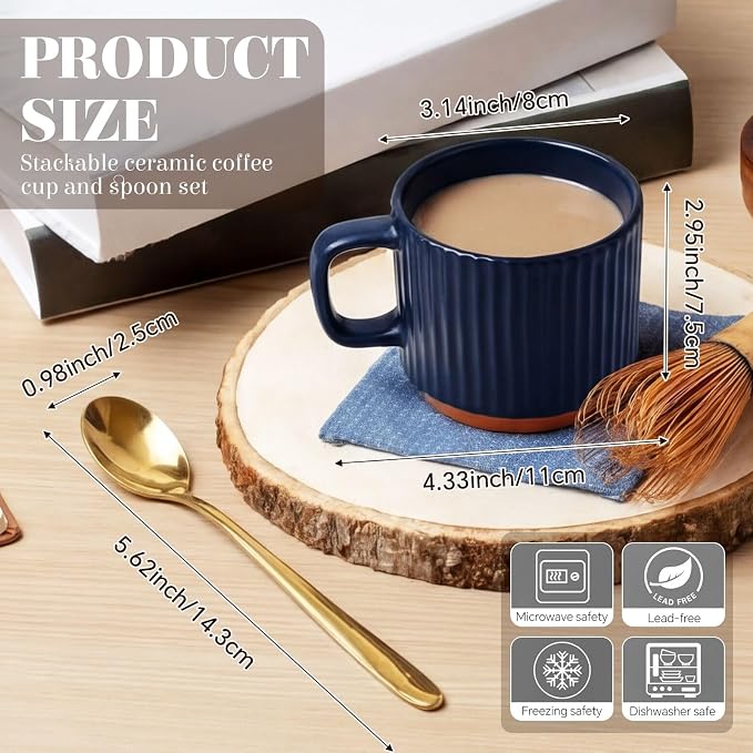 6 Set Ceramic Coffee Mugs with Gold Spoons, 8.8 oz Textured Ribbed Coffee Cups for Latte & Cappuccino, Modern Farmhouse Tea Mugs with Handle, Dishwasher & Microwave Safe(Dark Blue)
