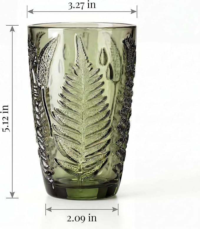 Green Drinking Glasses Set of 4, 12 oz Vintage Hand-Pressed Glass Cups, Fern Textured Highball Tumblers, Antique Style Boho Glassware for Water, Juice, Cocktails & Mocktails, Housewarming Gift Set