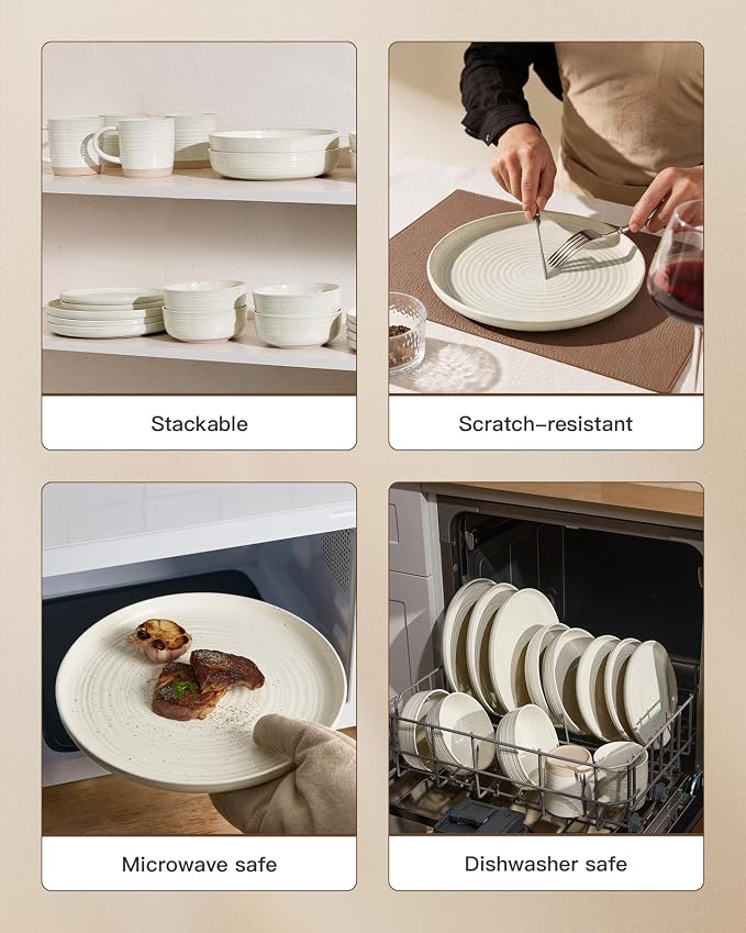 12-Piece Stoneware Dinnerware Sets, Service for 4 - Speckled Glaze with Spiral Design – Farmhouse Coupe Plates and Bowls - Chip & Scratch Resistant, Microwave & Dishwasher Safe, Cream