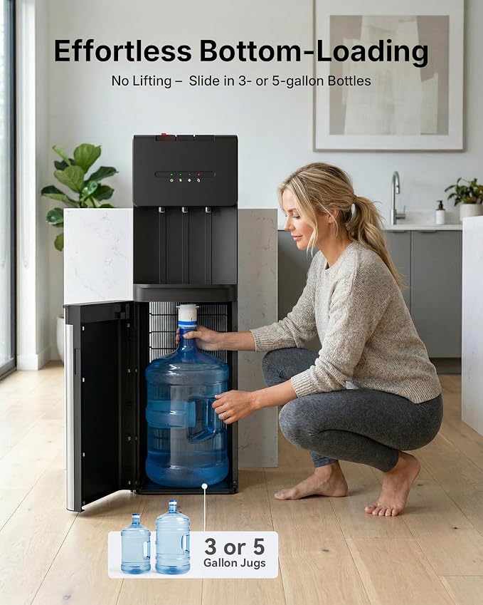 EUHOMY Bottom Loading Water Cooler Dispenser for 5 Gallon Bottle, 3 Temperature Freestanding Hot and Cold Water Dispenser with Stainless Steel Tank & Child Lock for Home Office, Black