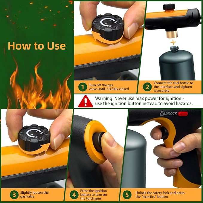 Powerful Propane Torch with One-Touch Max Fire, Adjustable Kitchen Torch with Safety Lock, Flamethrower, Blow Torch Gun for Grill, BBQ, Sous Vide, Campfire Starter (Tank Not Included)