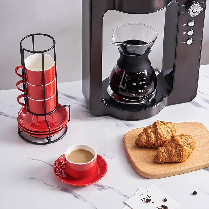 YOLIFE 2.5oz Espresso Cups Set of 4, Porcelain Stackable Espresso Cups, Expresso Shots Cup Set with Saucers and Metal Stand-Red