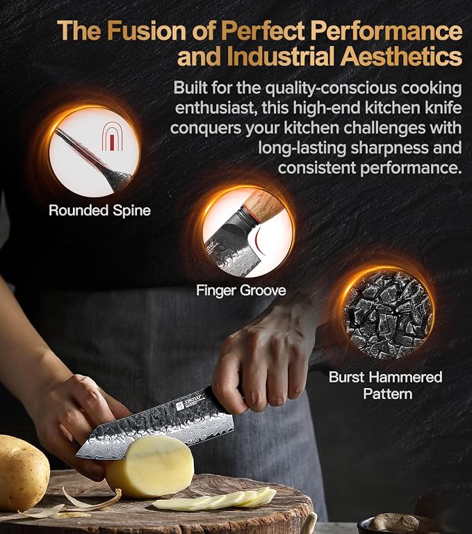XINZUO 5.7 Inch Damascus Small Santoku Knife,67-Layer Damascus Steel Razor Sharp Blade,Multi-Purpose Kitchen Knife For Meat,Vegetables & All Tasks With White Oak + Red G10 Gasket Handle