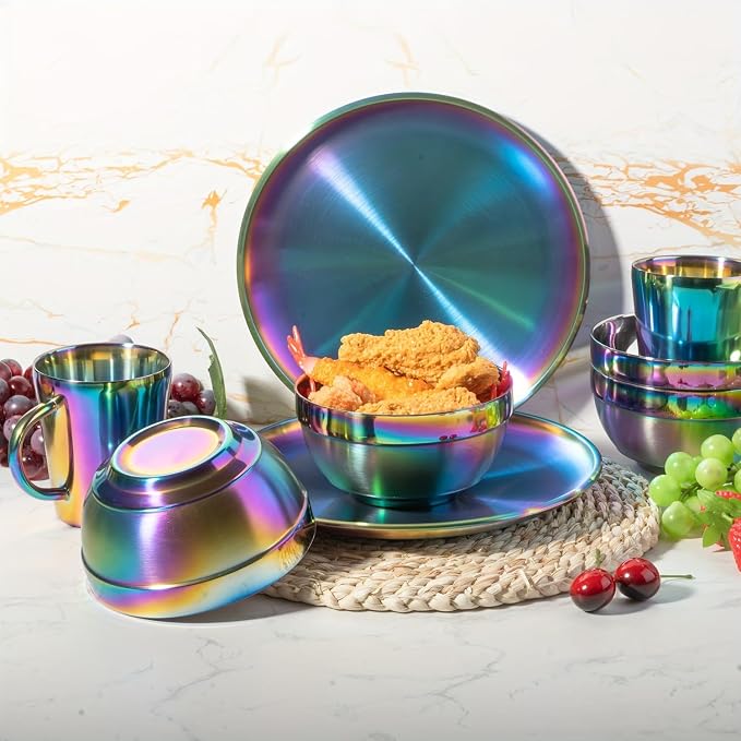 Stainless Steel Dinnerware Set - Plates and Bowls Set With Coffee, Pasta, Kitchen Utensils - KITCHEN AND DINING Essentials- is Dishwasher Safe and Microwave Safe （Rainbow）