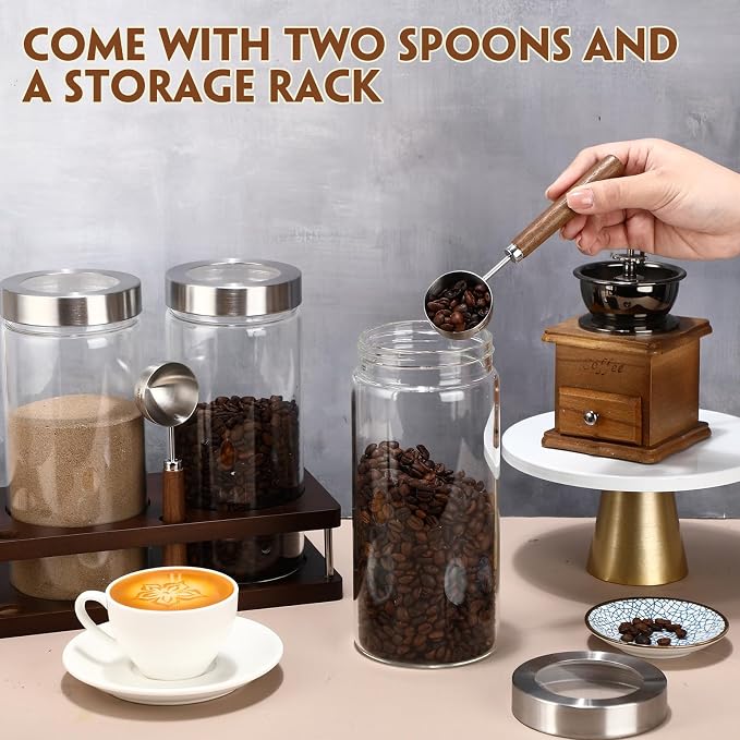 Suclain 3 Pcs 44 oz Glass Coffee Grounds Container with Shelf Glass Coffee Bean Storage Canisters with Airtight Lid and Measuring Spoon Food Storage Jars for Kitchen Sugar (Artsy Style)