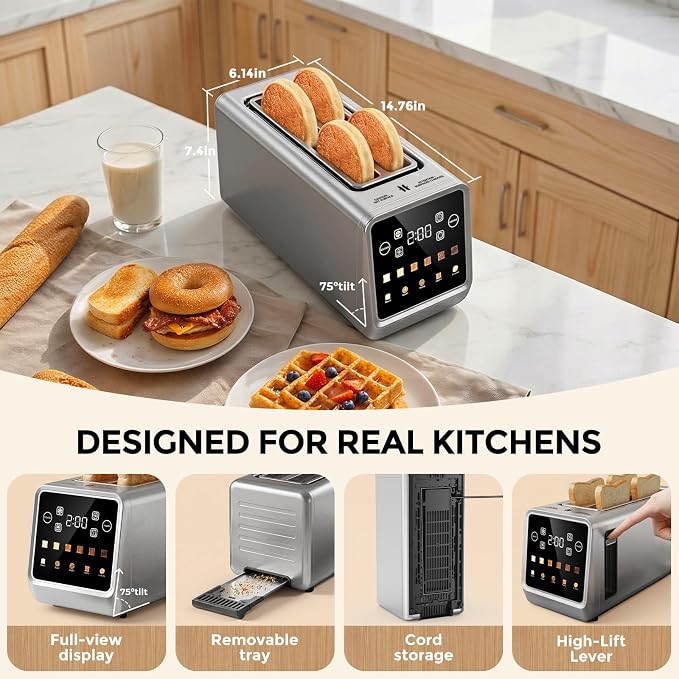 Long Slot Toaster 4 Slice with Touchscreen, 1400W Stainless Steel 2-Slot Smart Appliance Extra Wide 1.5 Inch, Single Mode BreadID Tech Timer for Bagel Waffle