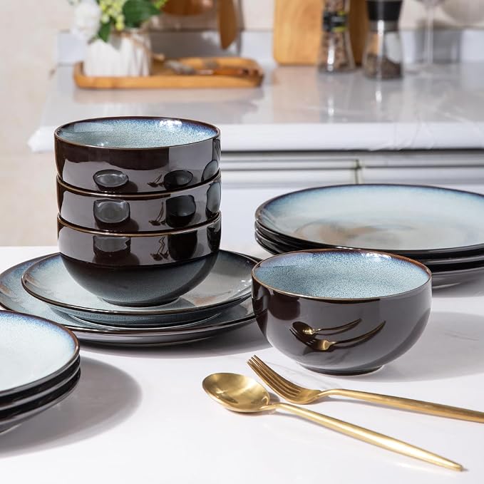LeRatio Ceramic Dinnerware Sets for 6,Stoneware Plates and Bowls Sets,Handmade Reactive Glaze Dishes Set,Chip Resistant and Scratch Resistant | Oven&Dishwasher & Microwave Safe-Gray White(18PCS)