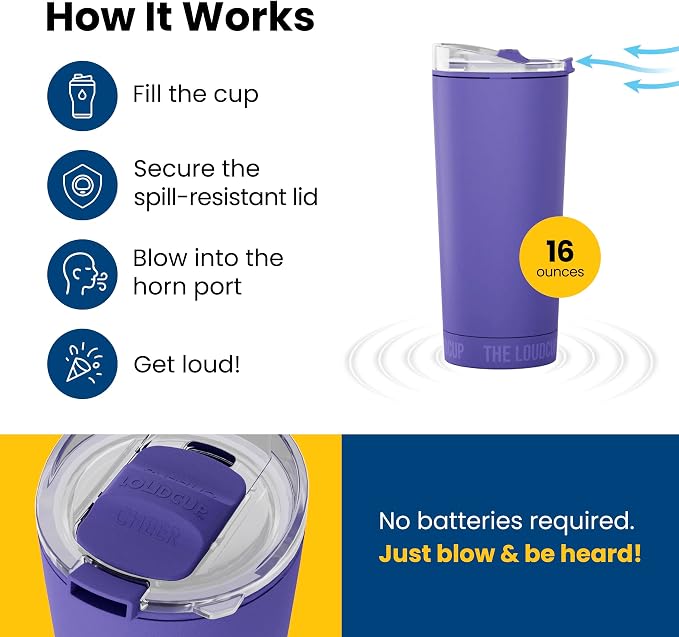The LoudCup Blow Horn Tumbler, Cheer & Sip 2-in-1 Reusable Water Bottle with Built-In Horn for Sports Games, Tailgates, Parties & Events, BPA-Free, 16 oz, Royal Purple