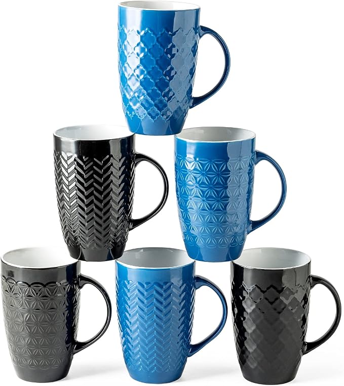 AmorArc Large Coffee Mugs Set of 6, 16oz Ceramic Tall Coffee Mugs Set with Textured Geometric Patterns for Latte/Tea/Beer/Hot Cocoa, Dishwasher & Microwave Safe, Black&Blue