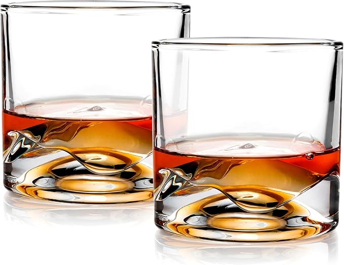 LIITON Mont Blanc Heavy Crystal Whiskey Glasses Gift Set of 2, Thick Freezable Bourbon Glass 1lb Each, Premium Whiskey Gifts for Men, Frozen Crystal Chills Cocktails, 10 oz