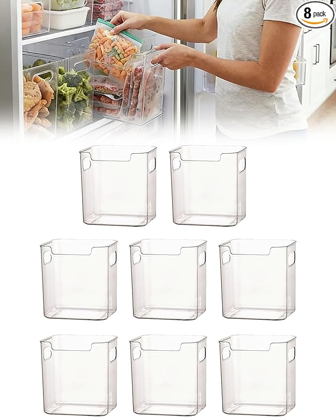 Crystal Clear Freezer Storage Bins - 8 Pack Clear Plastic Bins for Refrigerator and Pantry, Stackable Kitchen Cabinet Organizer with Handles for Frozen Food, Meat & Veggies (8PCS S)