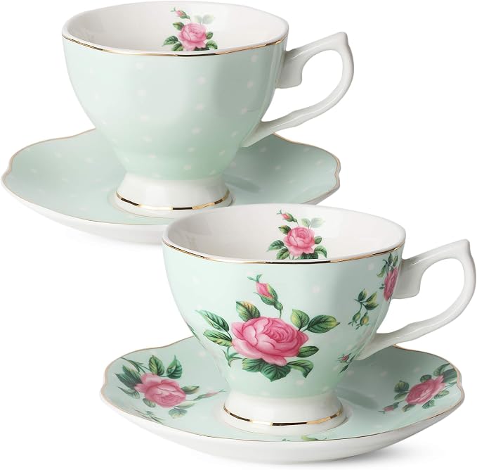 BTaT- Floral Tea Cups and Saucers, Set of 2, 8 oz, Fine Porcelain Teacup Set with Gold Trim for Afternoon Tea, Weddings, Parties & Gifting, Dishwasher Safe, Lightweight, Non-Toxic
