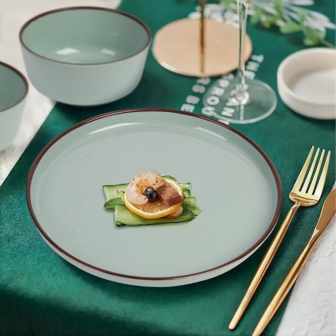 Melamine Dinnerware Set 12 Piece for 4, Green Spray Dots Unbreakable Plates and Bowls with Dark Brown Rim, Lightweight Durable Dishware for Camping Picnic Party