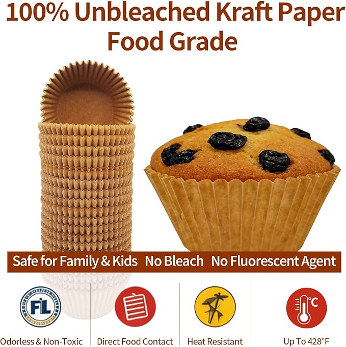 Cupcake Liners & Muffin Liners - JUMBO, NON STICK, THICK Parchment Paper For Baking Muffins - Big Giant Extra Large XL Size, Heavy Duty, Tall Unbleached Natural Brown Cup Cake Holders Wrappers