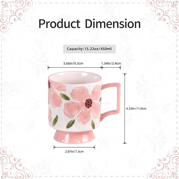 KAMMAK Ceramic Pink Coffee Mug, 15oz Large Mugs Set of 2, Novelty Cup for Tea, Juice, Milk, Cute Porcelain Water Cups with Handle for Women, Dishwasher and Microwave Safe
