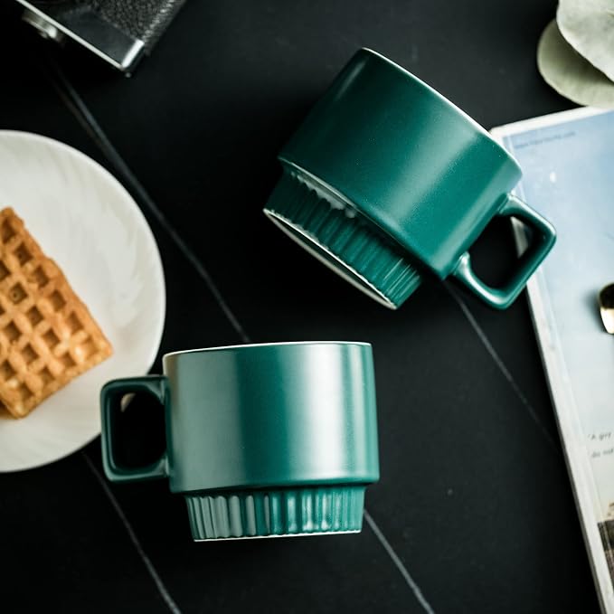 Miamolo Stackable Coffee Mugs Set of 4 with Holder Spoons 11oz Ceramic Cappuccino Cups for Espresso Latte Tea Drinks, Father's Day,Dishwasher & Microwave Safe, Green