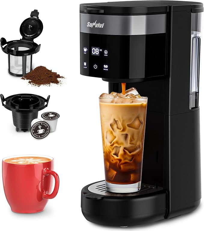 SUNVIVI Single Serve Iced Coffee Maker, 3 Brewing Modes for K-Cup Pod/Ground Coffee, 30oz Removable Water Reservoir & Reusable Filter, Compact for Home & Office, Black
