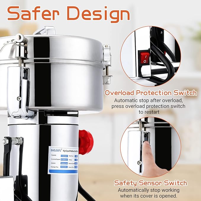 Electric Grain Mill Grinder 3000g High-speed Grain Spice Herb 4000W Dry Grinder Machine 304 Stainless Steel Superfine powder high-speed grain mill 36000r/min for Kitchen Home and Commercial