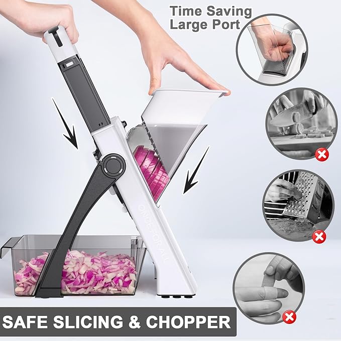 QYKIC Upgrade Safe Mandoline Slicer for Kitchen, Vegetable Chopper and Slicer, Potato Slicer Thickness Adjuster, French Fry Cutter, Kitchen Chopping Artifact (White)