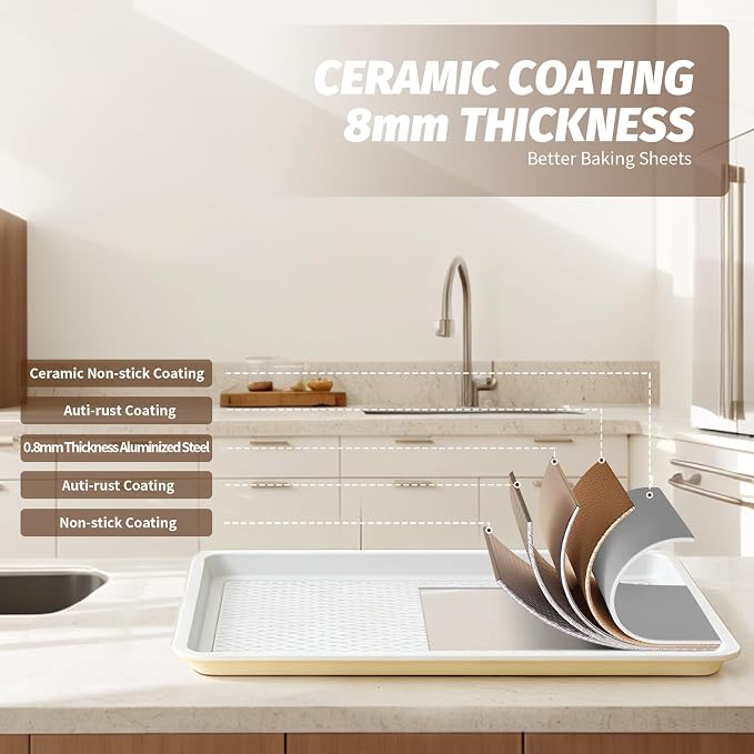 Nonstick Ceramic Baking Sheet with Rack, 2-Pack 13x9 Quarter Sheet Pan,(External 10x14), Non-Toxic PTFE & PFOA Free Warp-Free Oven Safe 550°F Dishwasher Safe, Aluminized Steel, Gray Yellow