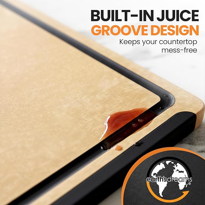 Composite Wood Cutting Board Set of 3 – Built In Juice Groove, Dishwasher Safe, Non-Toxic & Cutting Boards for Kitchen – Large, Medium & Small Non-Slip Wood Charcuterie & Chopping Boards (Tan/Black)