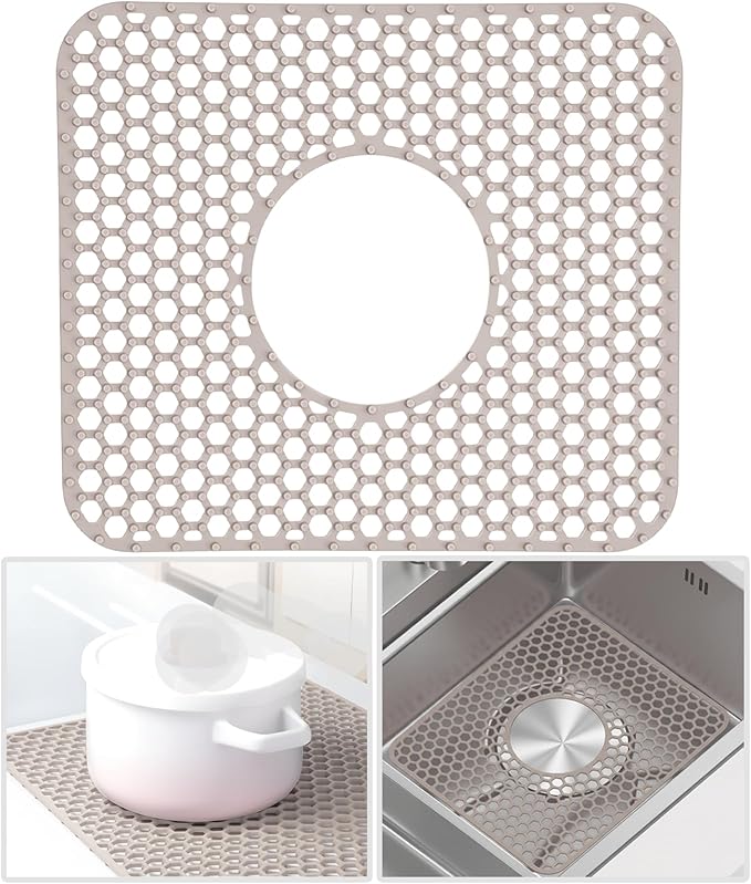 Silicone Sink Protectors for Kitchen - Non-Slip Heat Resistant Grid Mat for Farmhouse Porcelain Stainless Steel, Protects & Cushions Your Sink(Gray 1PCS, 12.4"x10.4" Center Drain)