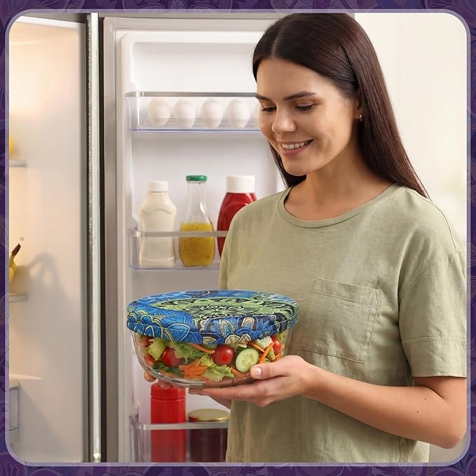 Patelai 10 Pcs Bowl Covers Reusable in 5 Size Stretch Cloth Fabric Elastic Food Storage Bowl Covers Bread Sourdough Lids for Proofing Food Fruits Leftover (Colored,Symmetrical Pattern)